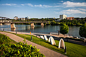 South Saskatchewan River with bridge and promenade, Saskatoon, Saskatchewan, Canada