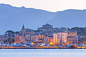 Blick vom Strand Plage de la Roya auf Saint-Florent, Korsika, Südfrankreich, Frankreich, Südeuropa, Europa