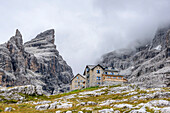 Hut Rifugio Tuckett with Castelletto, Brenta range, Dolomites, UNESCO World Heritage Site Dolomites, Trentino, Italy