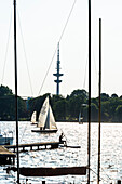 Sailing boats on lake Aussenalster with television tower in the background, Hamburg, Germany