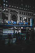 New York Police Department Sign at Night, New York City, New York, USA