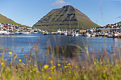Kleines Fischerdorf umgeben von grün bewachsenen Bergen, Färöer Inseln