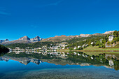 View over St. Moritz Lake with St, Moritz, Piz Lagrev, Piz Albana and Piz Julier, Engadine, Canton Grisosn, Switzerland