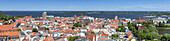 View from church St. Marien over the historic city, Strelasund and island Ruegen, Hanseatic City Stralsund, Baltic Sea coast, Mecklenburg-Western Pomerania, Northern Germany, Germany, Europe