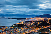 Overhead of Ushuaia city lights seen from Arakur Ushuaia Resort and Spa hotel at dusk Ushuaia, Tierra del Fuego, Patagonia, Argentina