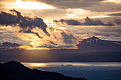 Overhead of Beagle Channel seen from Arakur Ushuaia Resort and Spa at sunrise Ushuaia, Tierra del Fuego, Patagonia, Argentina