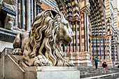 stone lion sculpture at entrance to Cathedral of San Lorenzo, Genoa, exterior, Cathedral Square, Genoa, Liguria, Italy
