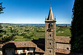 church tower of Serralunga d' Alba, mountains, vineyards in the Langhe landscape in Piedmont, Italy