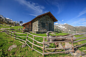 Grüne Wiesen und Hütten an einem Sommer sonnigen Tag, Orobie Alpen, Arigna Tal, Sondrio, Valtellina, Lombardei, Italien, Europa