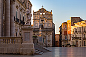 The Cathedral and Piazza Duomo in early morning on the tiny island of Ortygia, UNESCO World Heritage Site, Syracuse, Sicily, Italy, Europe