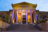 Entrance to Teatro Massimo at night, one of the largest opera houses in Europe, Palermo, Sicily, Italy, Europe