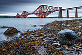 First light over the Forth Rail Bridge, UNESCO World Heritage Site, and the Firth of Forth, South Queensferry, Edinburgh, Lothian, Scotland, United Kingdom, Europe