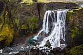 Fagrifoss Wasserfall auf den Hängen des Laki Krater, Lakagigar, Hochland Region, Island, Polar Regionen