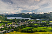 Keswick, Derwent Water and the surrounding fells of Lake District National Park on a summer afternoon, Cumbria, England, United Kingdom, Europe