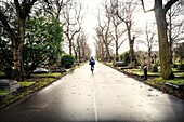 Man fährt Fahrrad in Brompton Cemetery. Chelsea, London, England