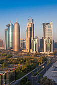Qatar, Doha, Doha Bay, West Bay Skyscrapers, elevated view, dawn.