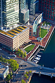 Aerial Fort Point Channel, Intercontinental Hotel, Boston, MA showing 'Green Roof' center, USA.
