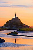 Mont St Michel, Sunset, Mont-Saint-Michel, Benedictine abbey, Pontorson, UNESCO, World Heritage Site, Manche, Normandy, France.