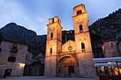 Illuminated Cathedral of St Tryphon at dusk, Kotor, Montenegro.