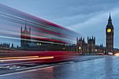 Big Ben, Palace of Westminster and typical bus. London, United Kingdom.