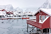 Icy sea and snowy peaks around the typical houses called rorbu and fishing boats Hamnøy Lofoten Islands Northern Norway Europe.
