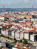 View over the quarters Baixa and Bairro Alto towards river Tagus (Rio Tejo). Lisbon (Lisboa) the capital of Portugal. Europe, Southern Europe, Portugal, March.