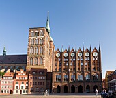 The Alte Markt (old market) with the iconic town hall and the church St. Nikolei (Saint Nicholas). The Hanseatic City Stralsund. The old town is listed as UNESCO World Heritage. Europe, Germany, West-Pomerania, June.