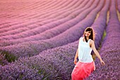 Valensole Plateau, Provence, France. Young girl at sunset in a lavender field in bloom.