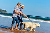 Senior couple, 60-70, Walking with dog on the beach, background Getaria, Zarautz, Gipuzkoa, Basque Country, Spain, Europe