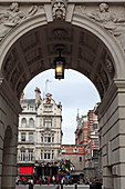 View through the entrance gate of the Foreign and Commonwealth Office at houses, Whitehall, London, Great Britain