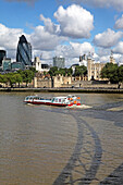 Blick von der Tower bridge auf den Tower of London und das Gherkingebäude der City of London, England