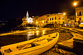 Marina Corta by night and San Guiseppe church, Lipari town, Lipari Island, Aeolian Islands, Lipari Islands, Tyrrhenian Sea, Mediterranean Sea, Italy, Europe