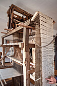 historical weaving loom, textile museum at Laichingen, Swabian Alb, Baden-Wuerttemberg, Germany