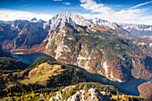 Königssee, St. Bartholomä, Watzmann, Blick vom Jenner, Nationalpark Berchtesgaden, Berchtesgadener Land, Bayern, Deutschland, Europa