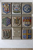 Wappen der Partnerstädte Münchens, Neues Rathaus, Marienplatz, München, Oberbayern, Bayern, Deutschland