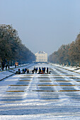 Curling on the frozen canal of Chateau Nymphenburg, Gern, Munich, Upper Bavaria, Bavaria, Germany