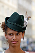 Girl with traditional hat, Bavarian style, Munich, Upper Bavaria, Bavaria, Germany