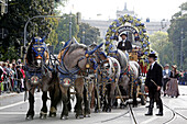 Horse drawn brewery cart at the costume parade for the Oktoberfest, Munich, Upper Bavaria, Bavaria, Germany