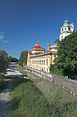 River Isar and public bath house Muellersches Volksbad, Haidhausen, Munich, Upper Bavaria, Bavaria, Germany
