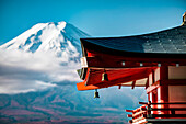 Close-up of Chureito Pagoda with Mt. Fuji out of focus in background, Fujiyoshida, Yamanashi Prefecture, Japan