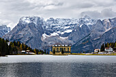 Lake, Autumn, Hotel, Misurina, Punta Sorapis, Alps, Dolomites, Italy