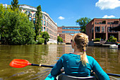 Young Woman, Paddle, Weiße Elster, Summer, Saxony, Plagwitz, Leipzig, Germany