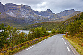 Strasse, Sommer, Berge, Flakstadoya, Lofoten, Norwegen, Nordland, Europa