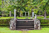 Nagaraja Guardstones at the Ruins of the Monastic Residential Complex, Ahbayagiri Monastery, Sacred City of Anuradhapura, North Central Province, Sri Lanka, Asia.