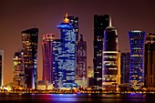 Doha Skyscrapers At Night, Doha, Qatar.