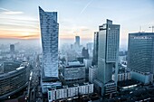 Warsaw, Poland. Aerial view with Zlota 44 skyscraper, Warsaw Towers, InterContinental Hotel and Warsaw Financial Center.