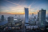 Warsaw, Poland. View with Central Railway Station, Golden Terraces shopping mall, Zlota 44 skyscraper and InterContinental.