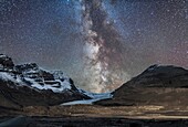 The Milky Way over Athabasca Glacier at the Columbia Icefields in Jasper National Park, Sept 14, 2014 on a very clear night before moonrise. The centre of the Galaxy area in Sagittarius is setting in the southwest behind the Icefields. The foreground ligh