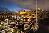 Night falls at Vittoriosa Yacht Marina, Birgu, Malta.