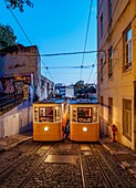 Portugal, Lisbon, Twilight view of the Gloria Funicular.